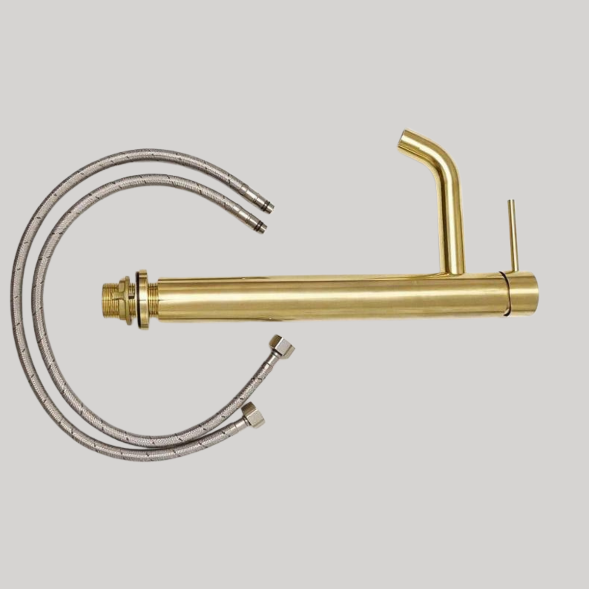 Castello unlacquered solid brass vessel faucet shown with flexible water supply hoses and mounting hardware