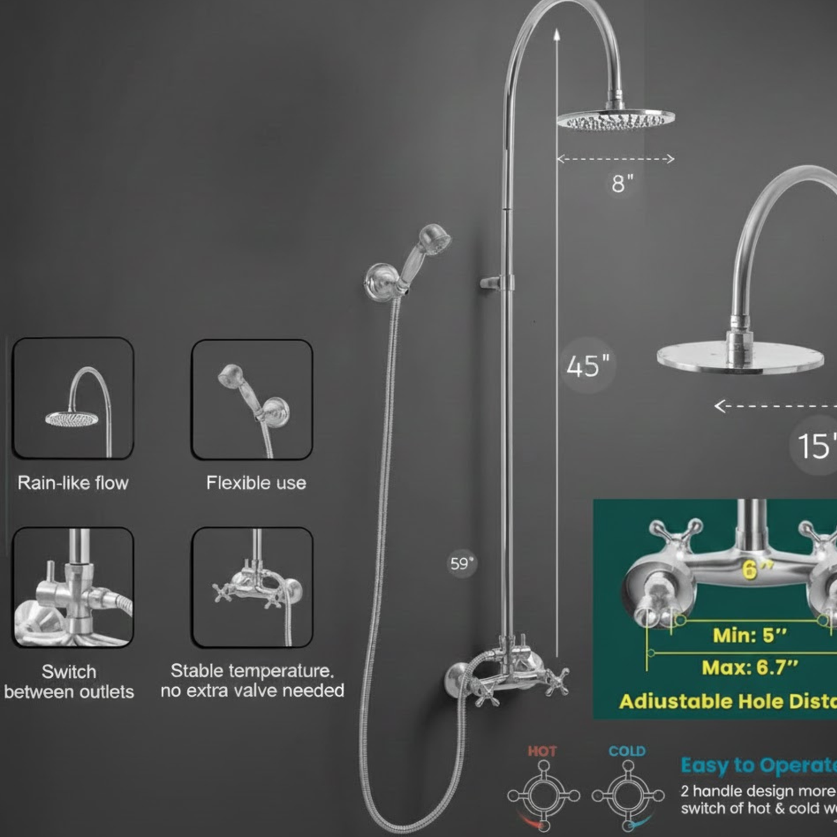 Technical diagram showing adjustable height ranges, pipe width, and rainfall head extension for the exposed pipe system.