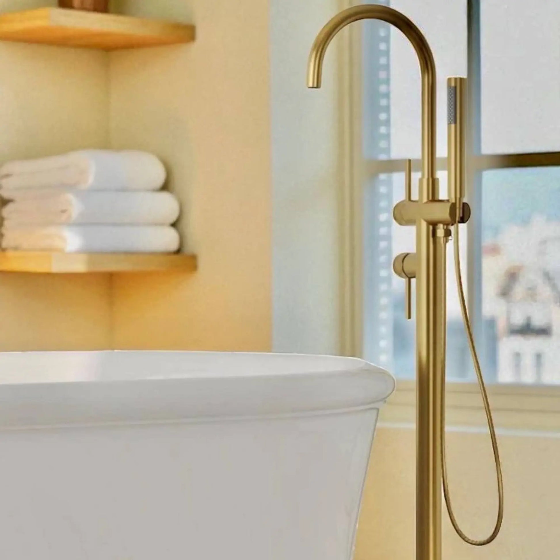 unlacquered brass bathtub faucet with a white tub in a bathroom setting.