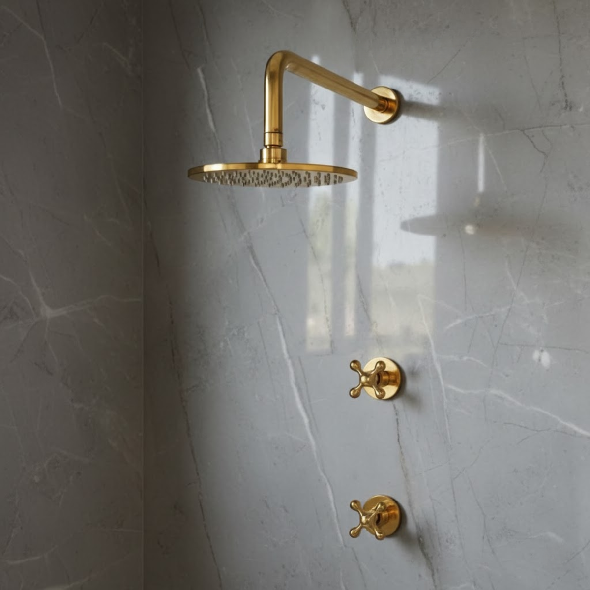 Profile view of an unlacquered brass rainfall shower head and two vintage-style cross control handles installed on light gray marble tile.