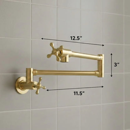 Gold kitchen faucet with dimensions labeled on a tiled wall background
