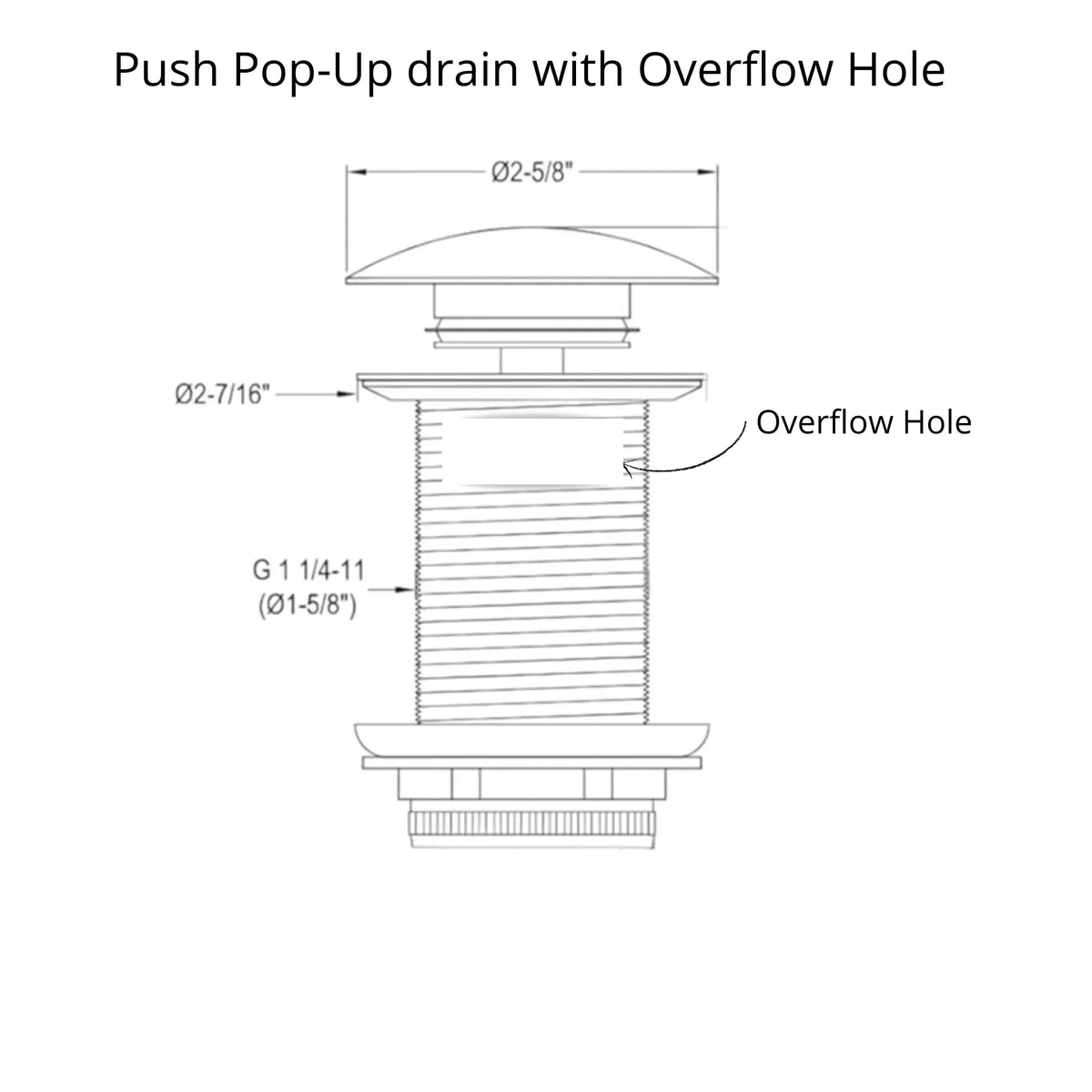 Technical drawing of a push pop-up bathroom sink drain with overflow inlet slots on the body, showing dimensions and standard 1-1/4 inch connection for overflow sinks.