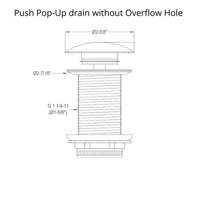 Technical drawing of a push pop-up bathroom sink drain without overflow hole, showing dimensions and thread size for non-overflow sinks.