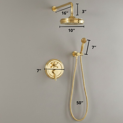 Technical diagram showing dimensions for the shower arm, rainfall head, handheld sprayer, and valve placement