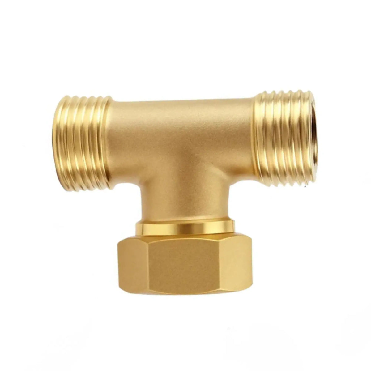 Brass T-shaped valve on a white background