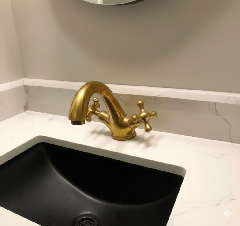 Unlacquered solid brass bathroom sink faucet with double cross handles installed on vanity sink