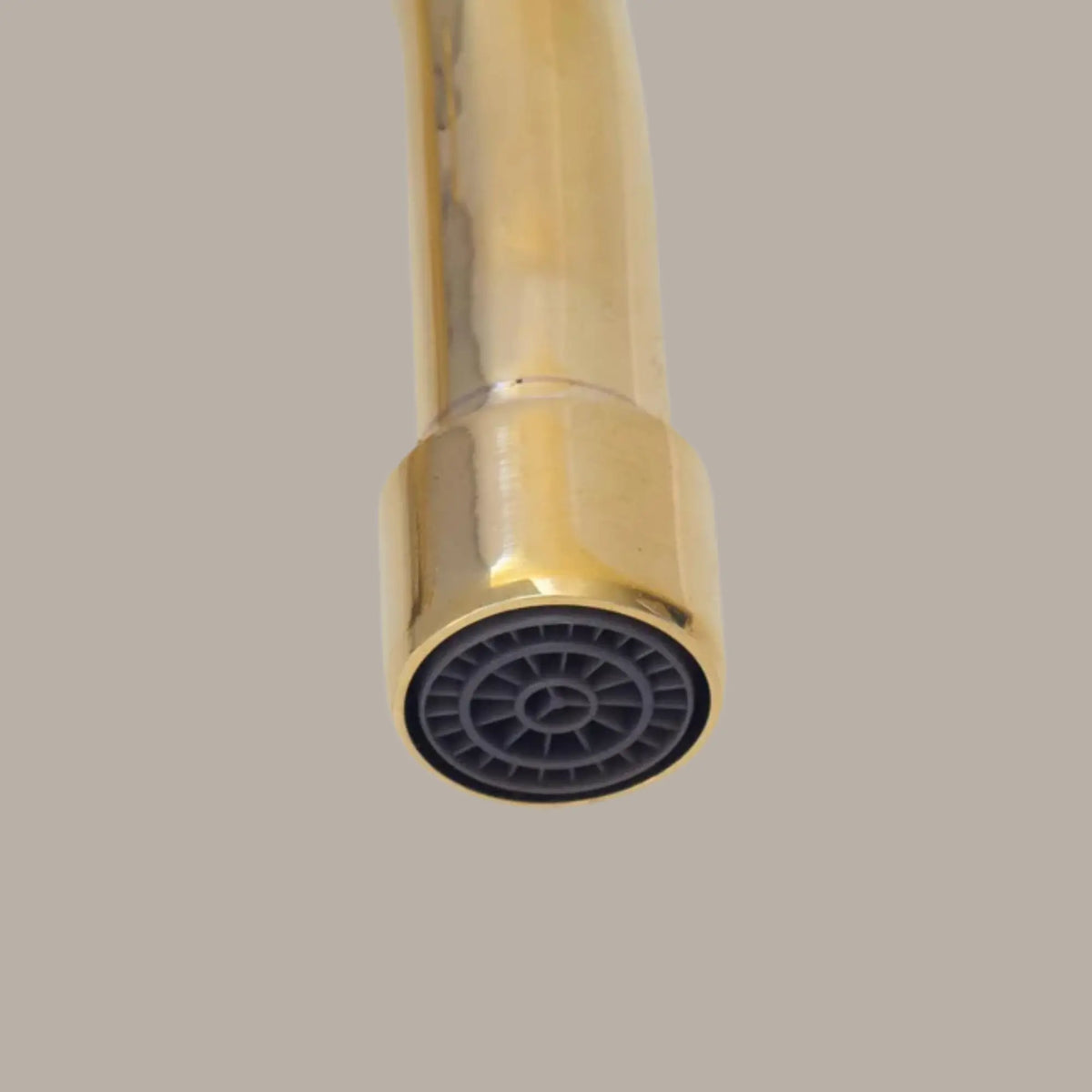 Close-up of unlacquered brass bridge faucet spout with aerator – solid brass wall mounted kitchen faucet detail by BrassOna