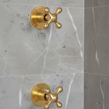 Close-up detail of two unlacquered brass cross handles for a hot and cold shower valve mounted on veined gray marble tile.