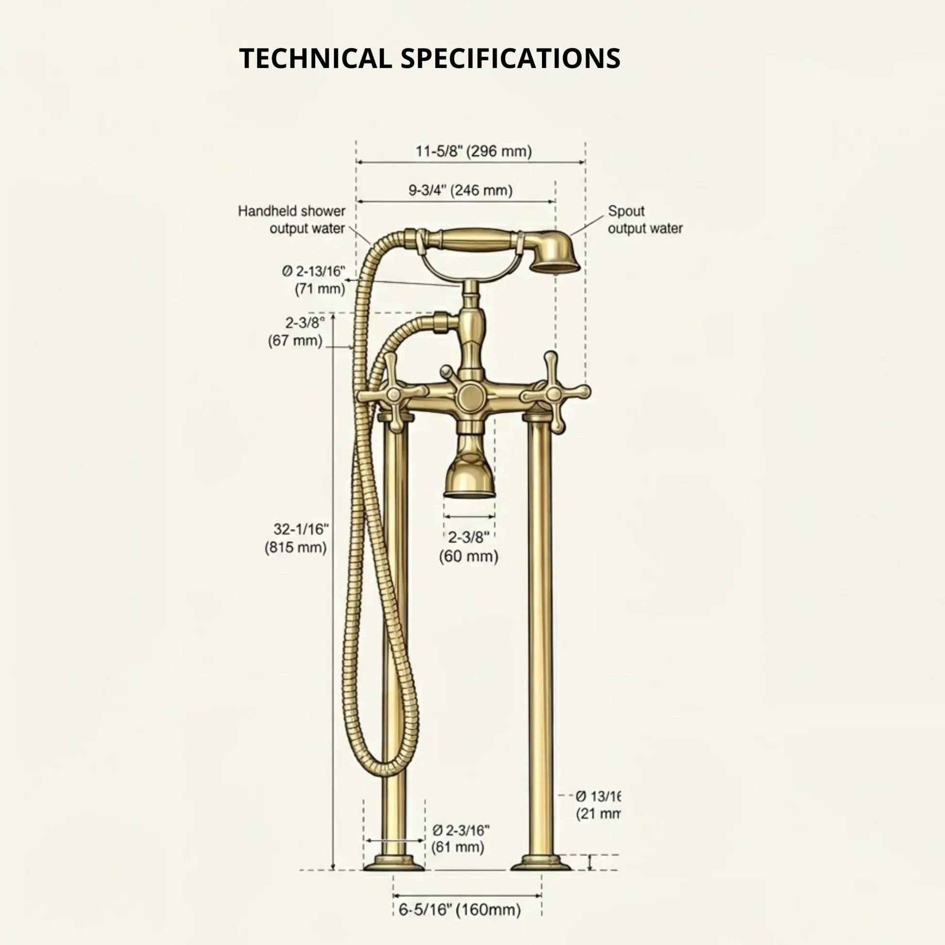 Unlacquered brass freestanding tub faucet technical drawing showing dimensions and installation measurements