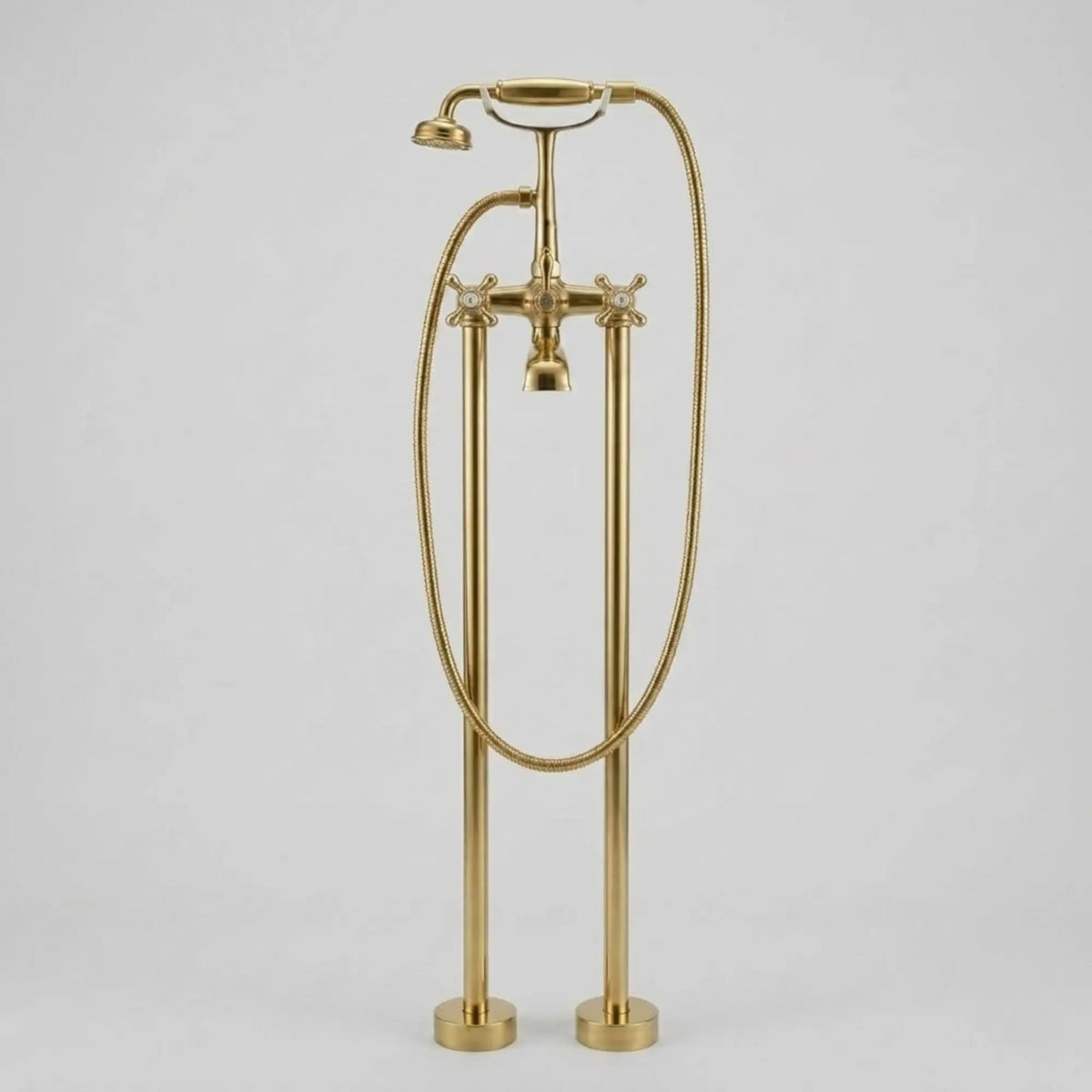 Unlacquered brass freestanding tub faucet with telephone hand shower high flow bathtub filler isolated on white background