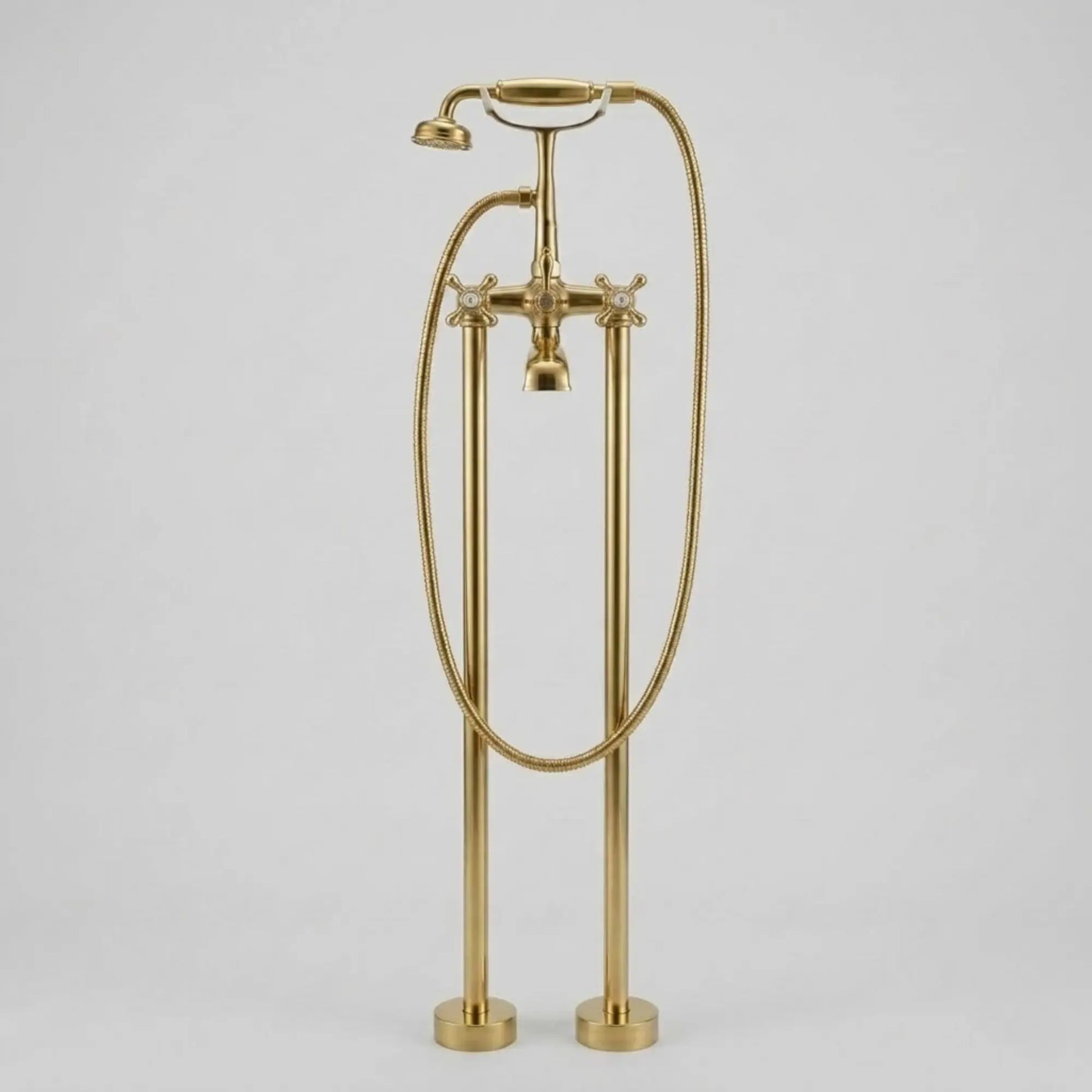 Unlacquered brass freestanding tub faucet with telephone hand shower high flow bathtub filler isolated on white background