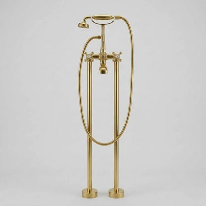 Unlacquered brass freestanding tub faucet with telephone hand shower high flow bathtub filler isolated on white background
