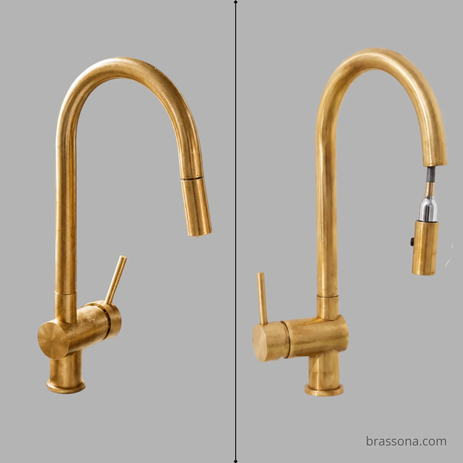 Unlacquered brass gooseneck pull down kitchen faucet, front and side view