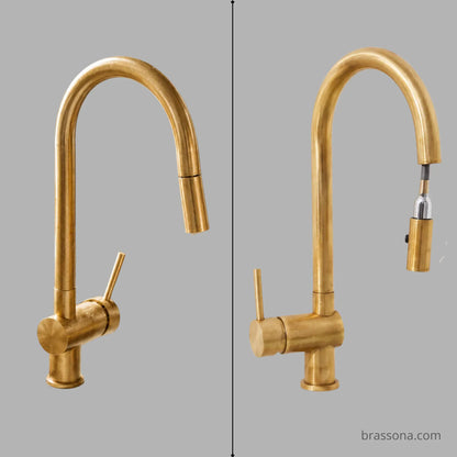 Unlacquered brass gooseneck pull down kitchen faucet, front and side view
