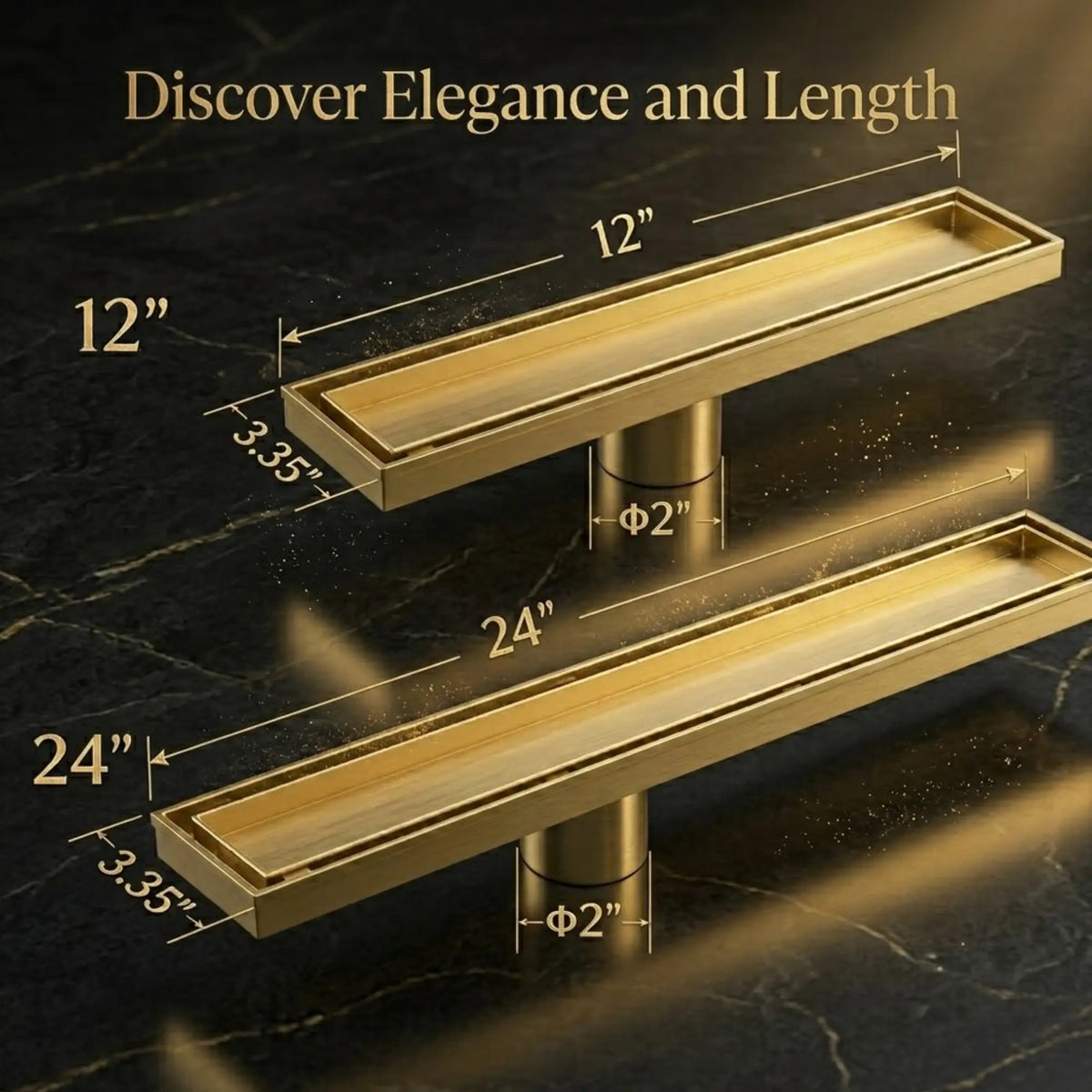 Brass linear shower drain size comparison – 12 inch and 24 inch variants with dimensions 3.35 inch width and 2 inch outlet – BrassOna