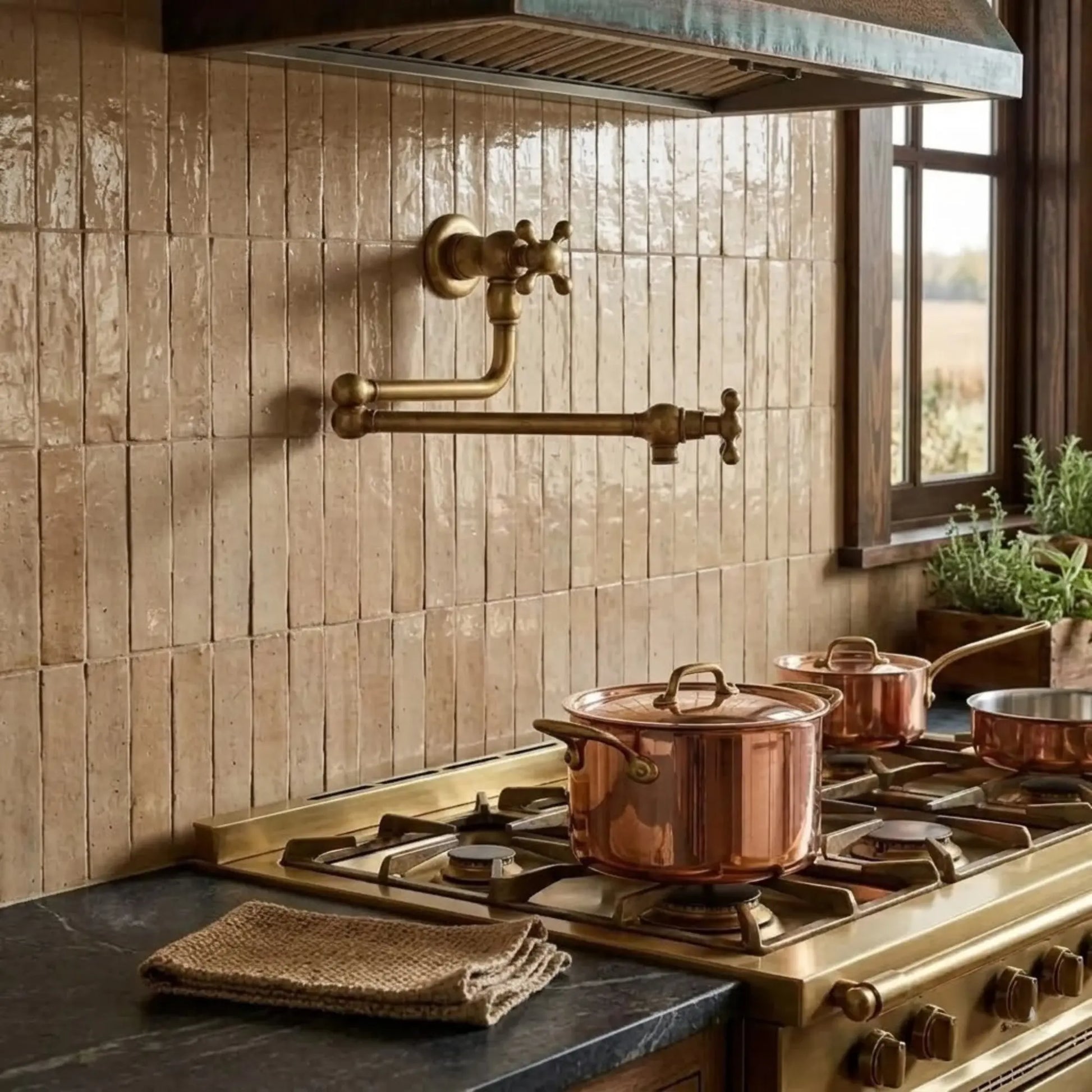 Unlacquered brass wall mount pot filler faucet installed above stove in luxury kitchen with copper cookware