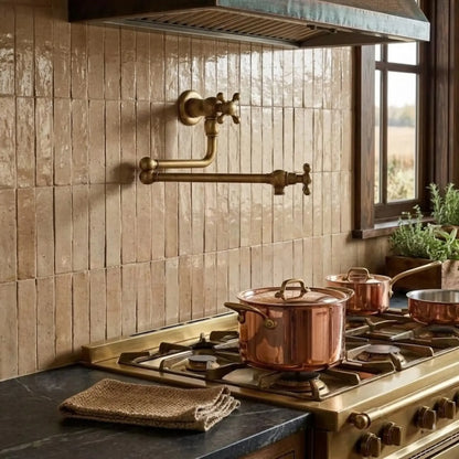 Unlacquered brass wall mount pot filler faucet installed above stove in luxury kitchen with copper cookware