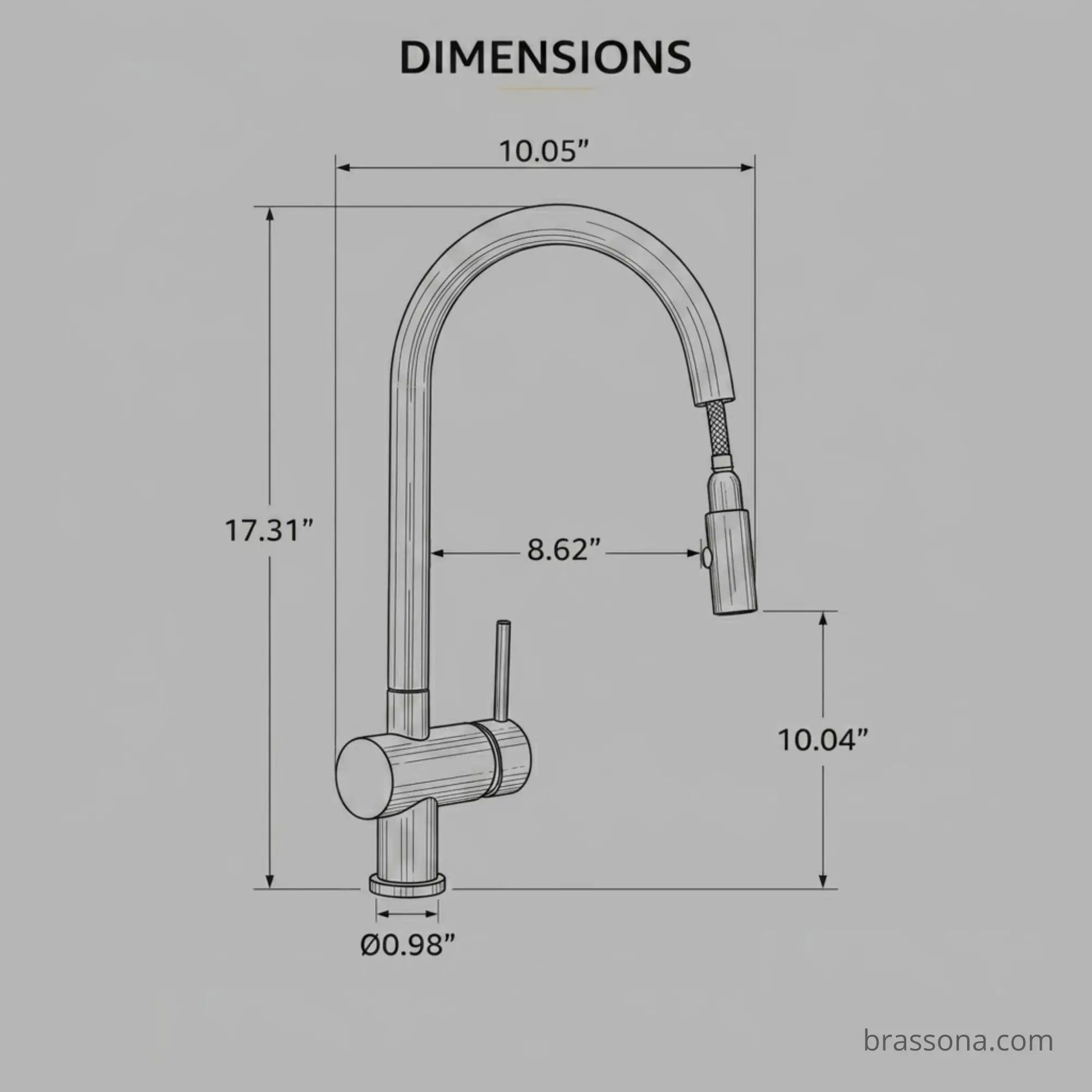 Unlacquered brass pull down kitchen faucet dimension diagram with measurements