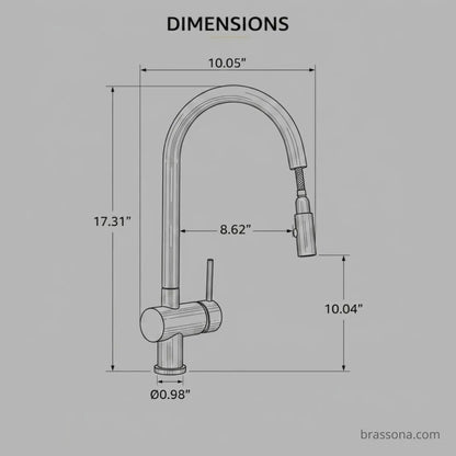Unlacquered brass pull down kitchen faucet dimension diagram with measurements