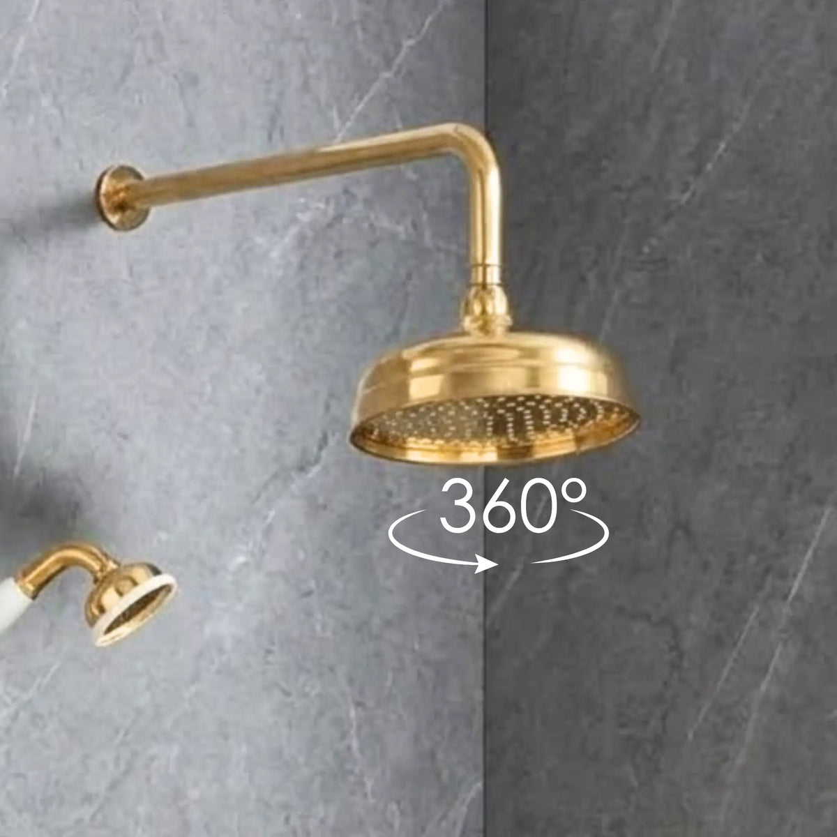 Close-up of unlacquered brass overhead rainfall showerhead on wall-mounted arm, part of BrassOna concealed thermostatic shower system