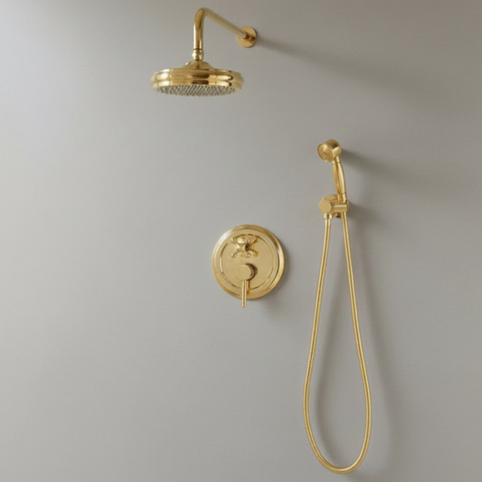 Main view of the ShowerLux unlacquered brass shower system featuring a rainfall shower head, handheld sprayer, and circular mixing valve