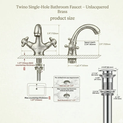 Unlacquered brass single hole bathroom faucet dimensions and installation measurement diagram