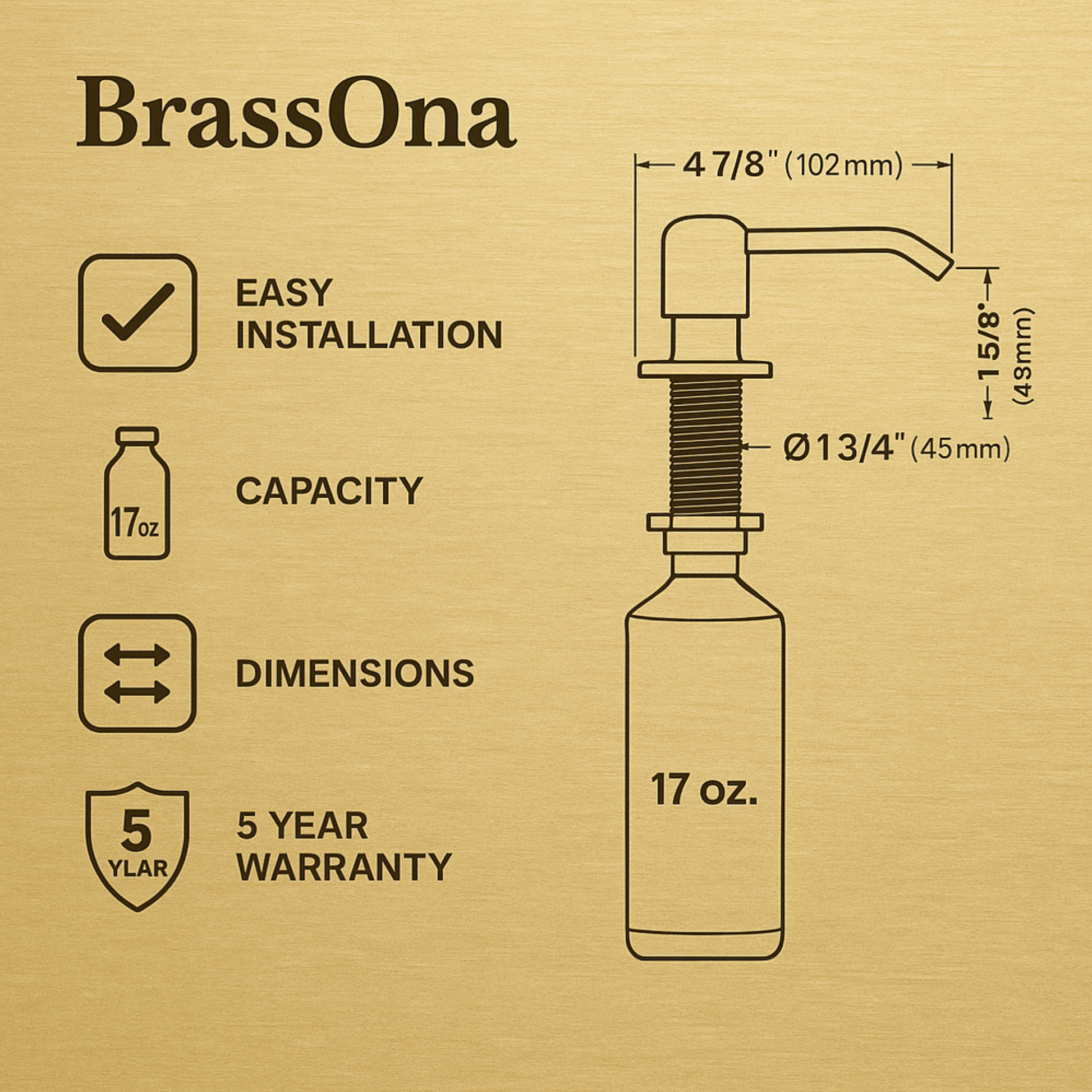 Technical specifications for the BrassOna soap dispenser showing the 17 oz bottle capacity and 4.29-inch spout height.