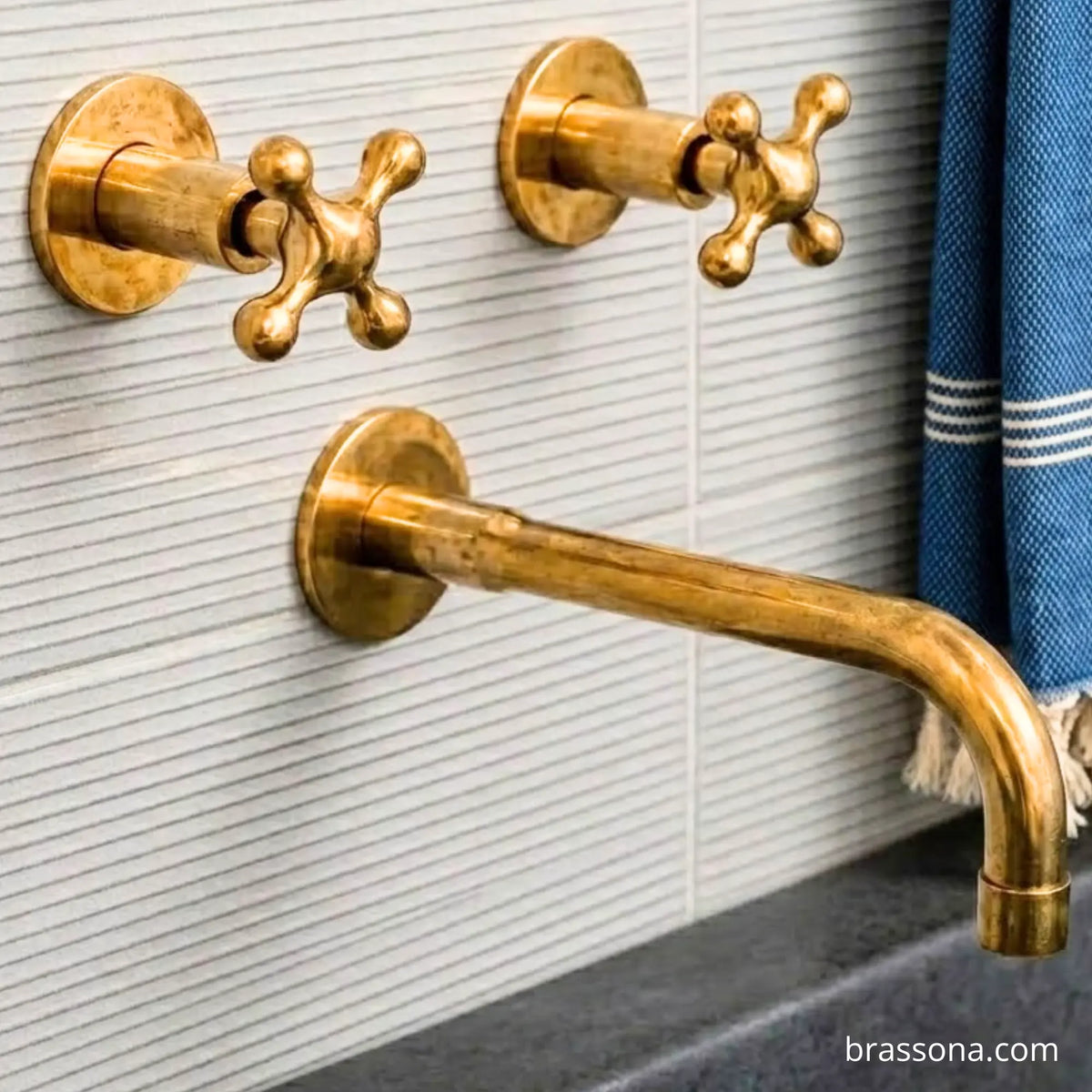 Unlacquered Brass Wall-Mounted Tub Filler & Towel Ring Set