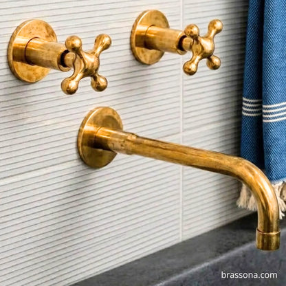 Unlacquered Brass Wall-Mounted Tub Filler & Towel Ring Set