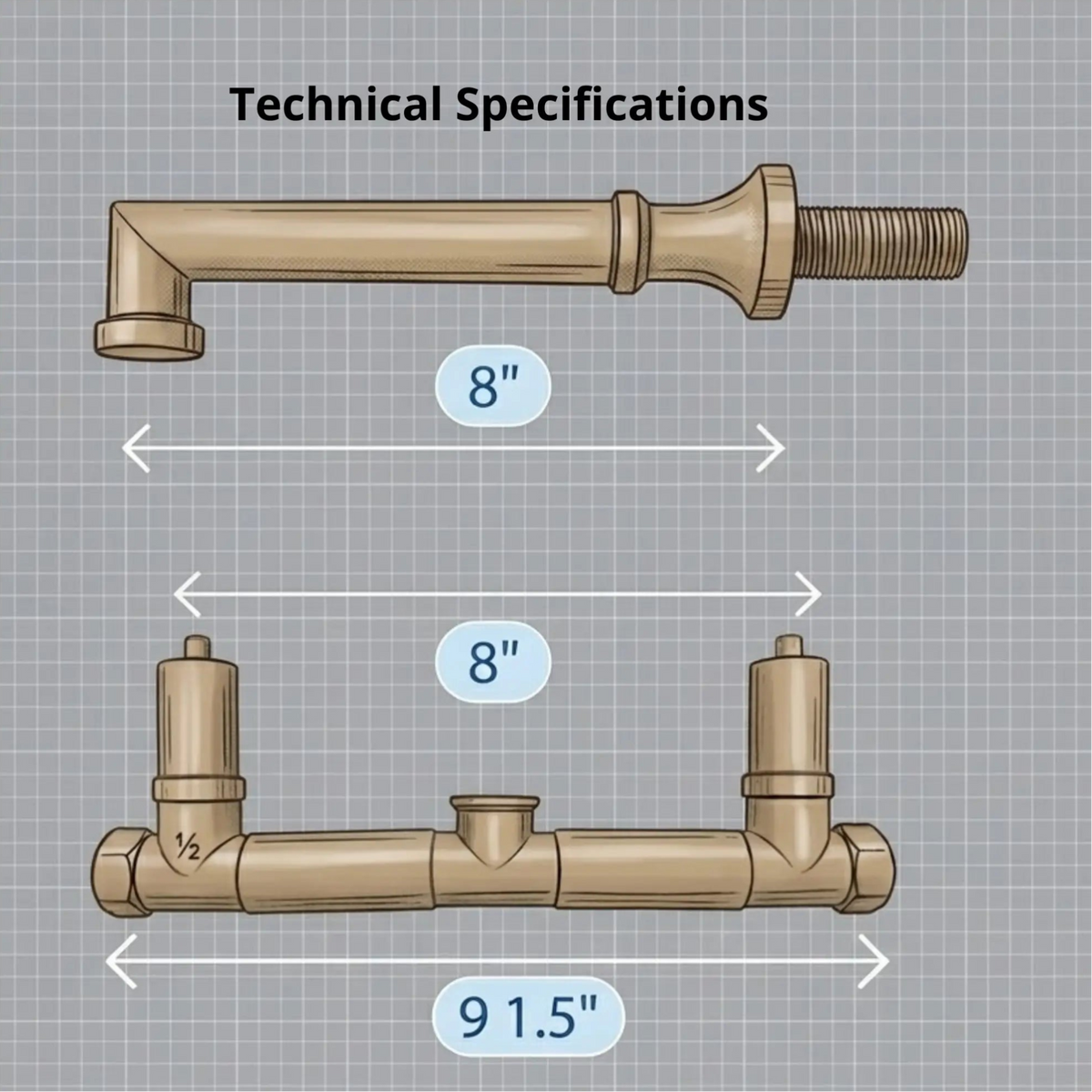 Unlacquered brass wall mount bathroom faucet technical drawing showing 8 inch spout reach and widespread valve dimensions