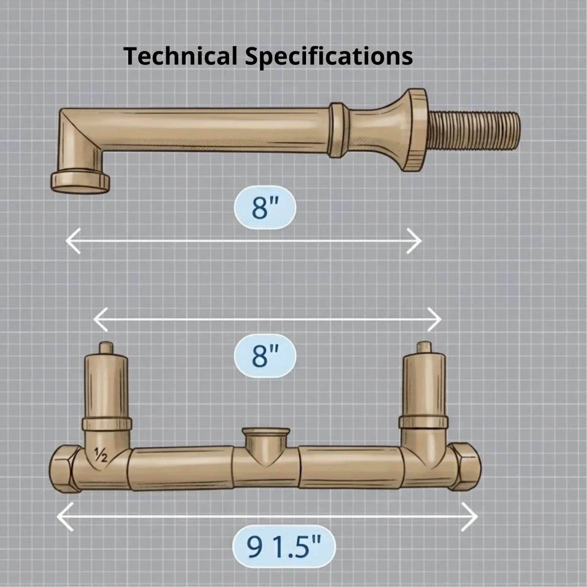 Unlacquered brass wall mount bathroom faucet technical drawing showing 8 inch spout reach and widespread valve dimensions