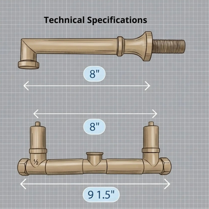 Unlacquered brass wall mount bathroom faucet technical drawing showing 8 inch spout reach and widespread valve dimensions