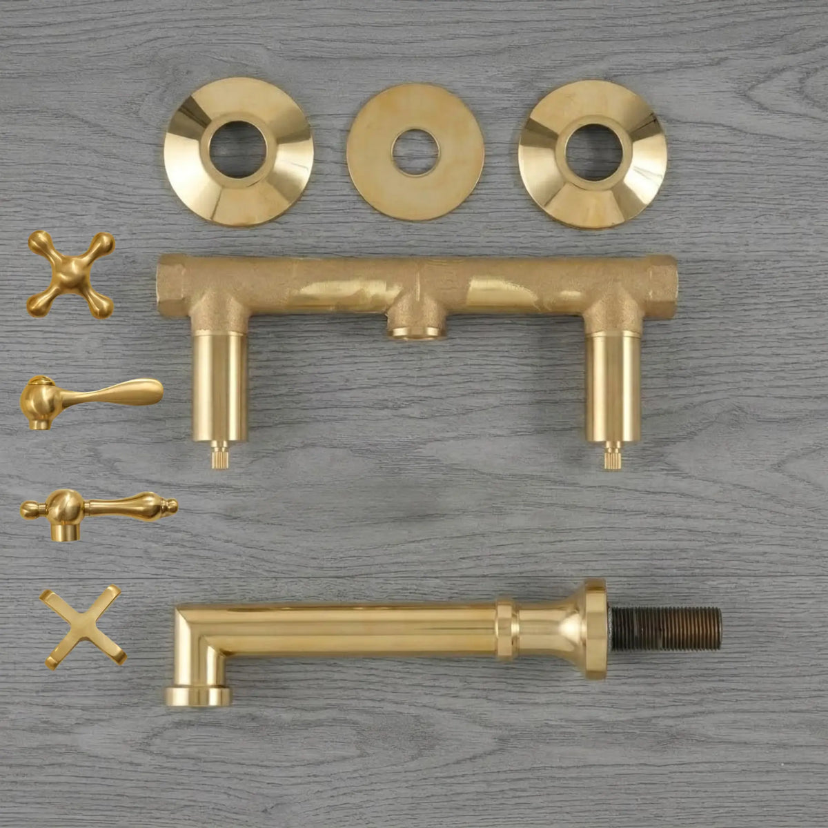 Unlacquered brass wall mount bathroom faucet parts with widespread 2 handle kit and 8 inch spout components