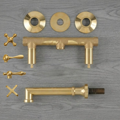 Unlacquered brass wall mount bathroom faucet parts with widespread 2 handle kit and 8 inch spout components