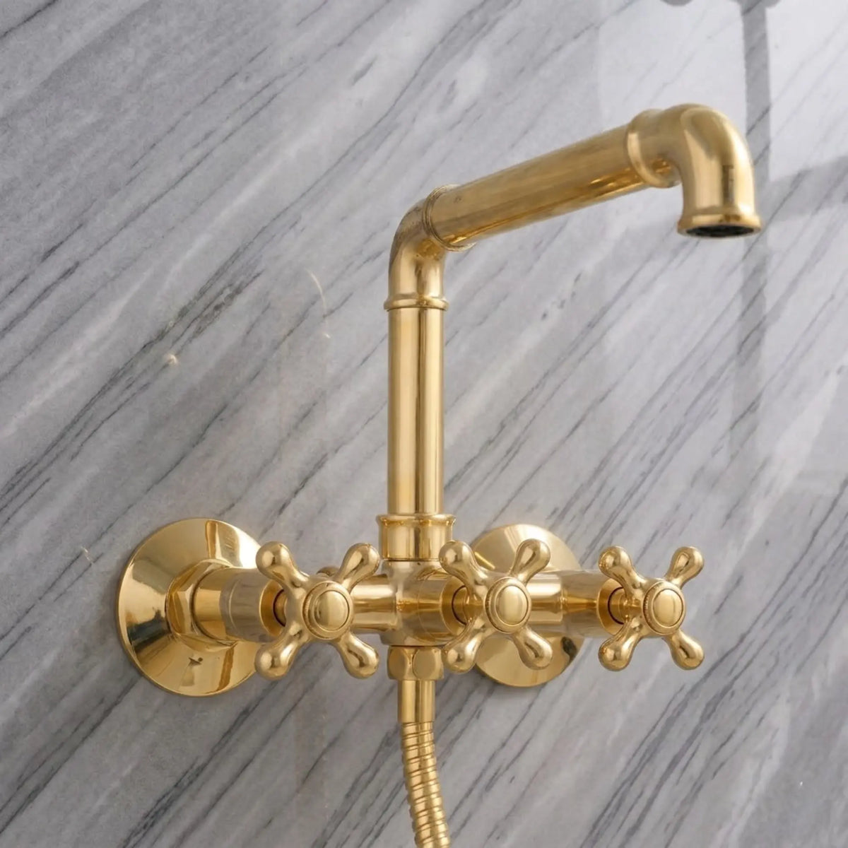 unlacquered brass wall-mounted clawfoot tub faucet with hand shower and cross handles solid brass bathroom fixture