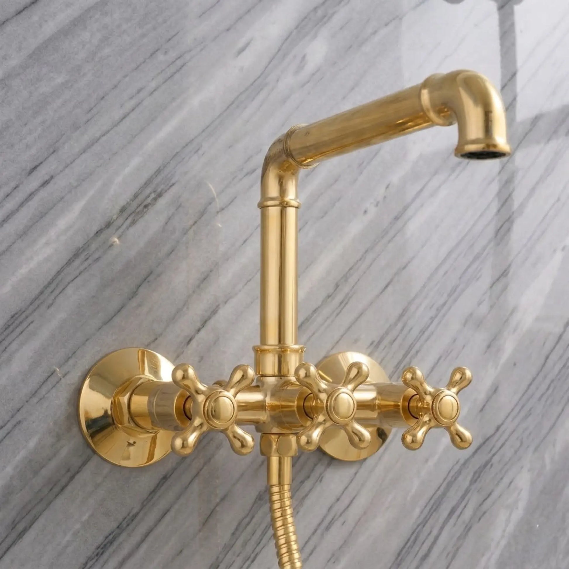 unlacquered brass wall-mounted clawfoot tub faucet with hand shower and cross handles solid brass bathroom fixture