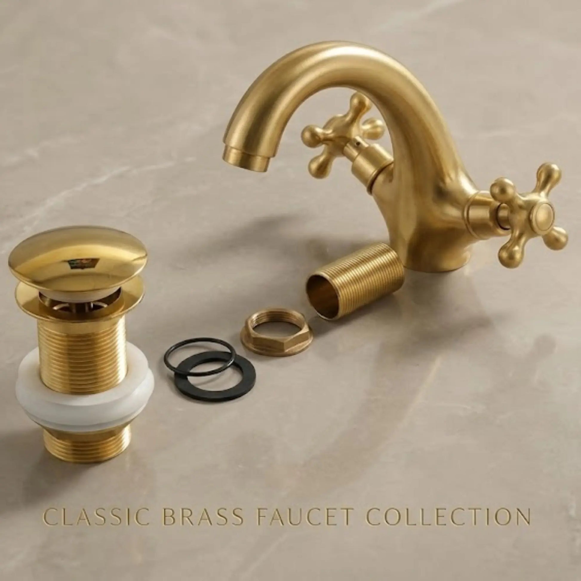 Unlacquered solid brass bathroom sink faucet with cross handles and matching brass pop-up drain set