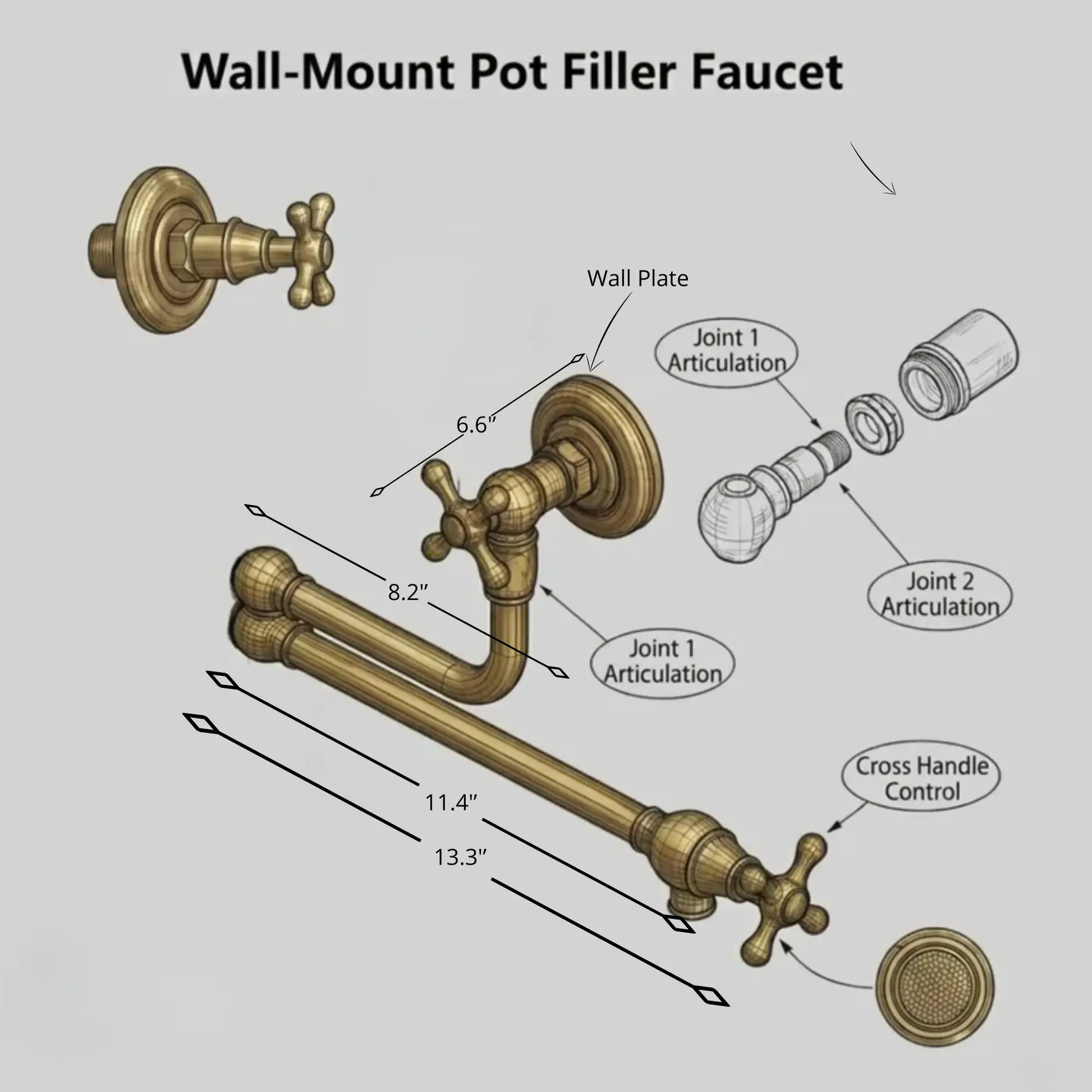 Diagram of wall mount pot filler faucet in unlacquered brass showing dual joint arms, cross handles and installation dimensions