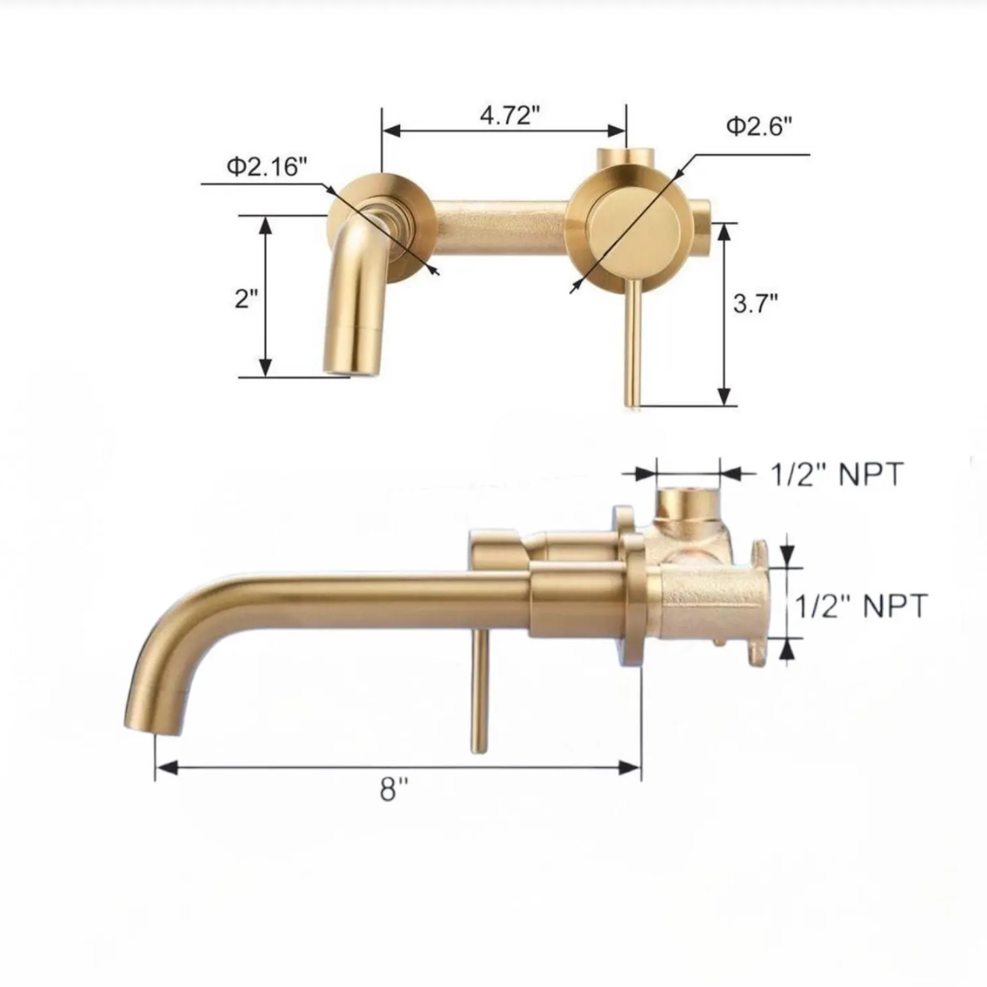 Wall-mounted unlacquered brass bathroom faucet with labeled dimensions and 8-inch spout length