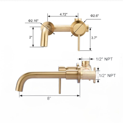 Wall-mounted unlacquered brass bathroom faucet with labeled dimensions and 8-inch spout length
