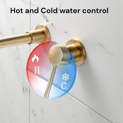 Wall-mounted unlacquered brass bathroom faucet with labeled dimensions and 8-inch spout length